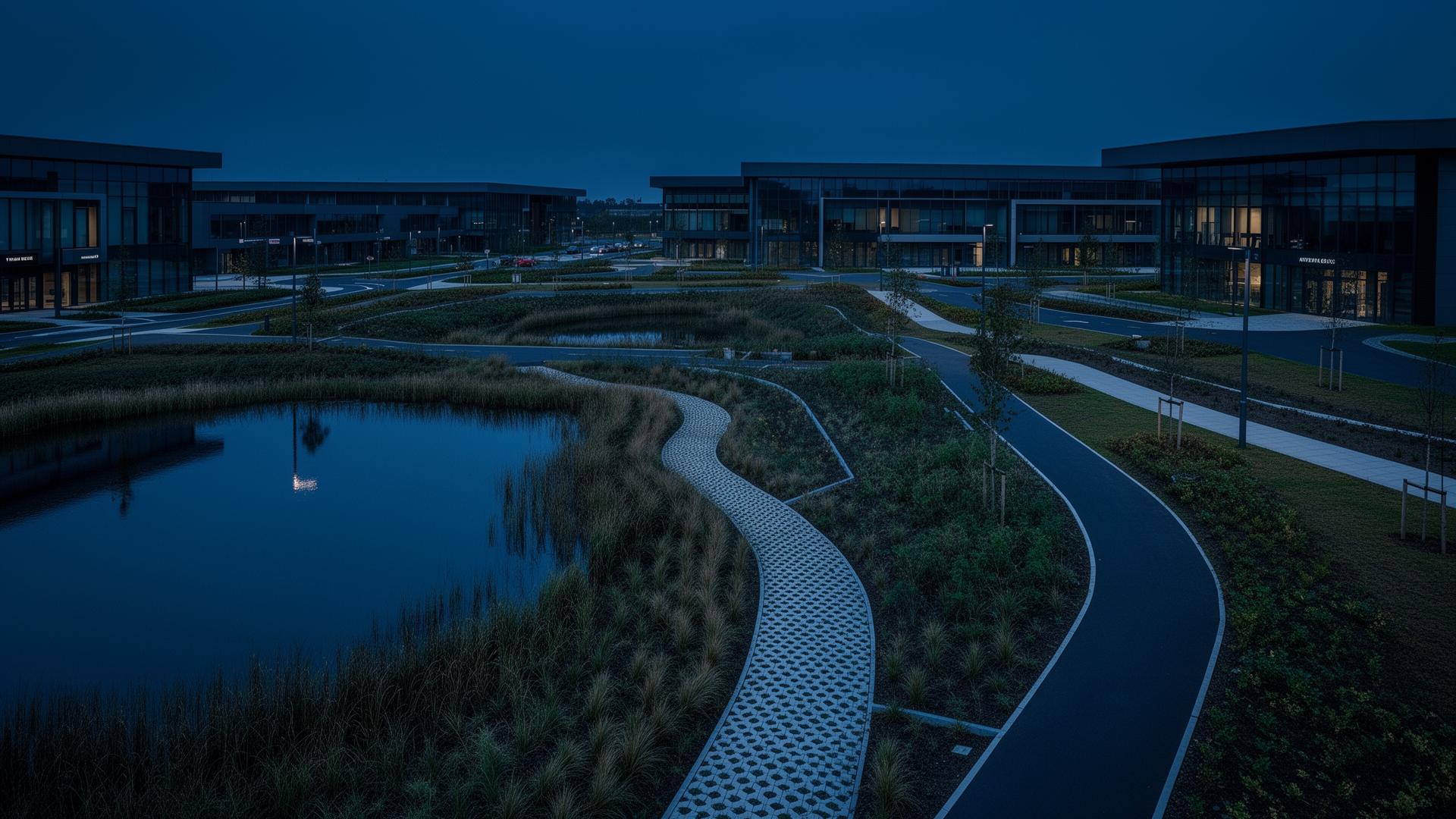 Commercial business park with sustainable drainage infrastructure and landscaped public realm at twilight