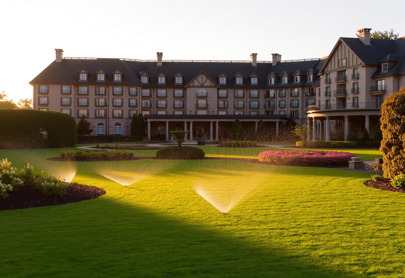 Hotel grounds with irrigation sprinklers at golden hour