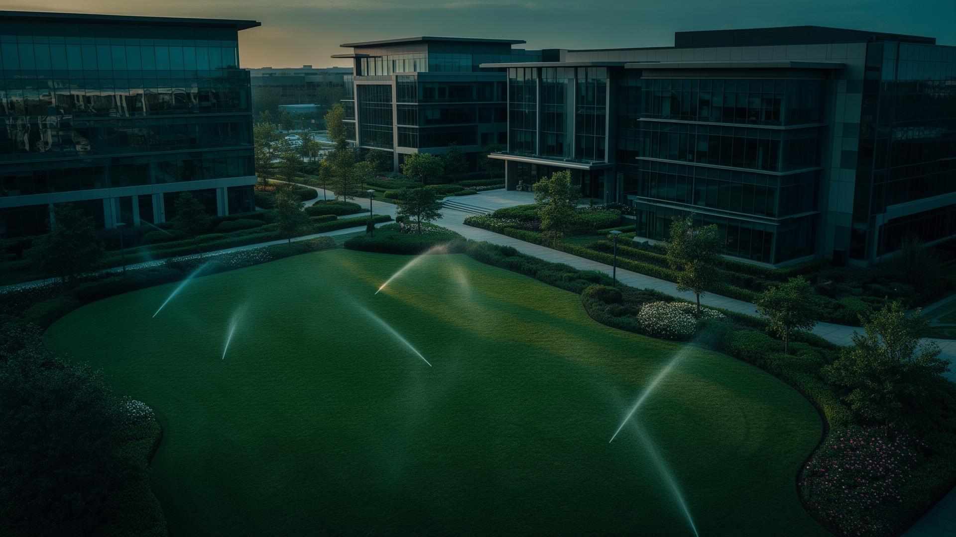 Commercial business park grounds with irrigation system at dawn